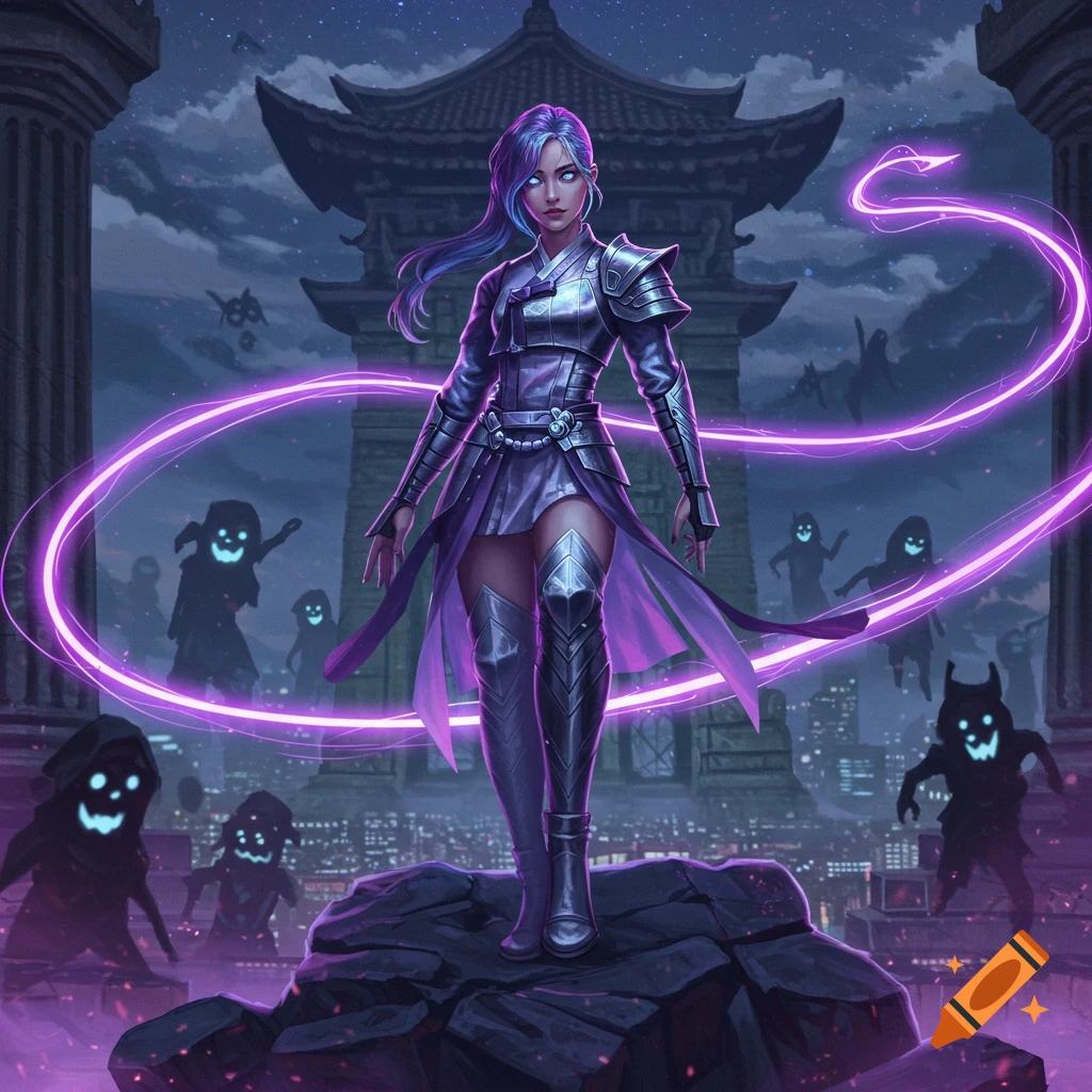 A purple-haired female warrior in silver armor with glowing purple energy stands on a rock, overlooking a cityscape with shadowy demon-like figures.