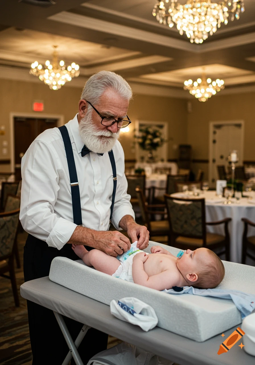 A handsome bearded senior man in a white shirt and suspenders changes a baby's diaper on a changing table in a banquet hall.