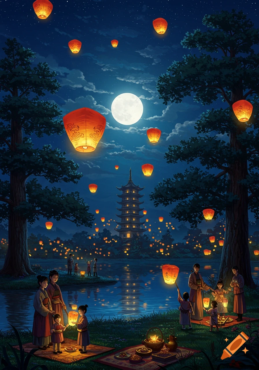 A vibrant night scene of people releasing glowing red lanterns by a lake, with a pagoda in the distance and a full moon above.