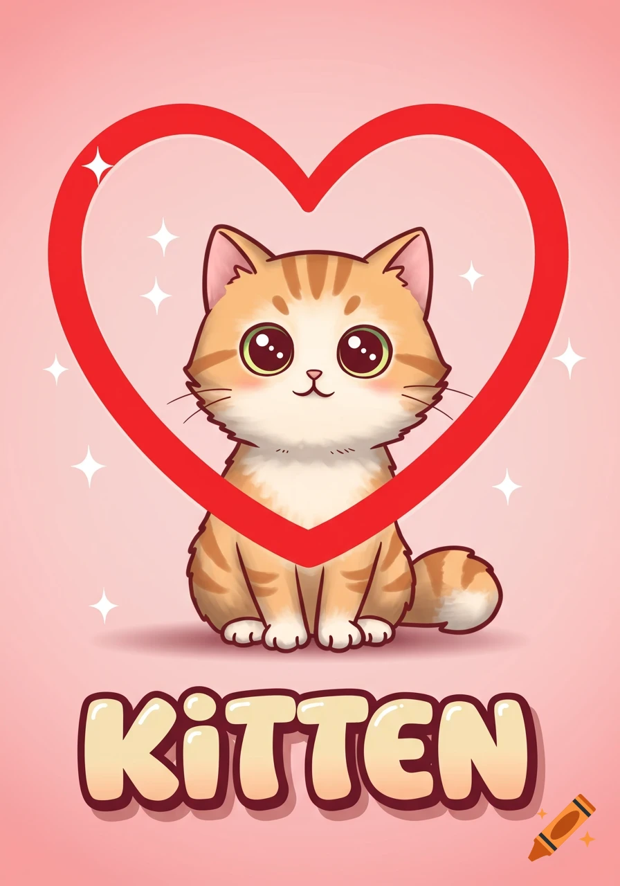 Cute, big-eyed cartoon kitten with orange tabby stripes sitting inside a red heart on a pink background, with the word KITTEN below.
