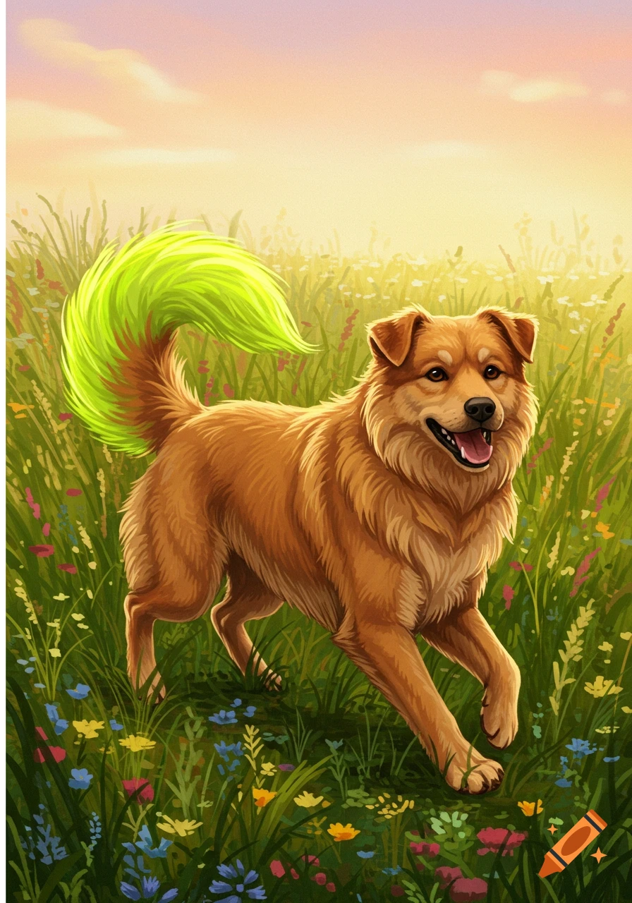 A happy brown dog with a bright green tail runs through a sunny field of colorful wildflowers in a digital painting.
