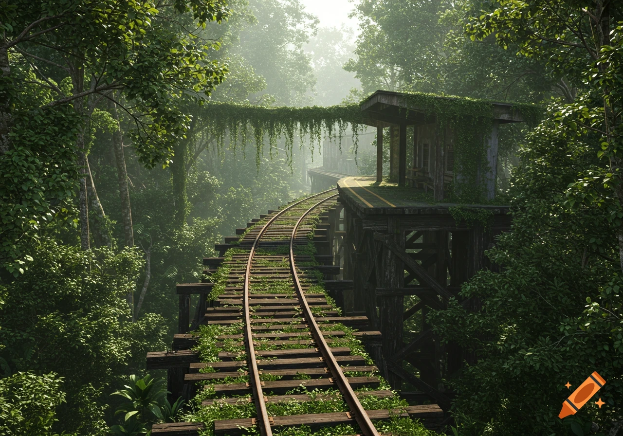 Photorealistic elevated train track and overgrown station in a dense, misty jungle.