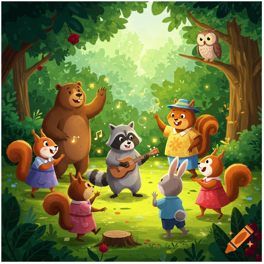 A colorful cartoon of forest animals playing music and dancing, featuring a raccoon playing guitar, a bear waving, squirrels, a rabbit, and an owl.