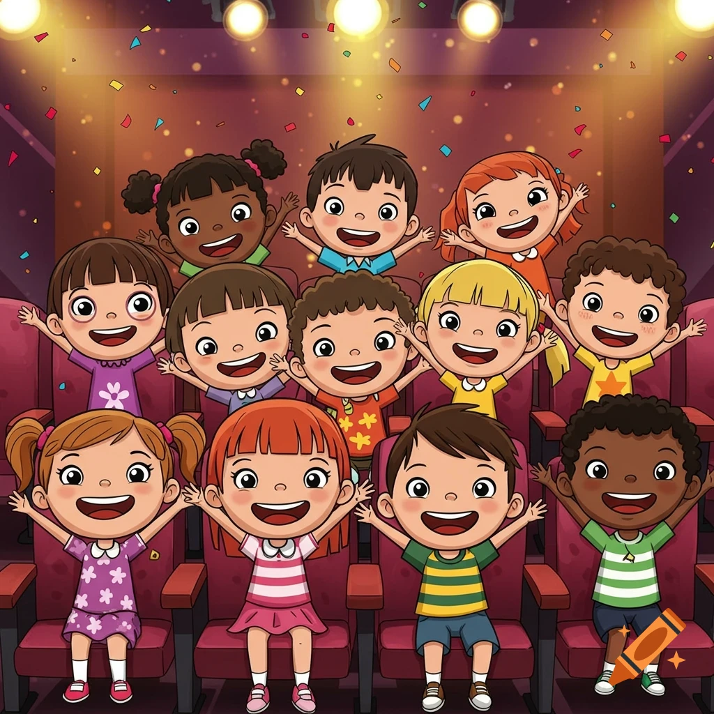 Cartoon illustration of a diverse group of children cheering and waving in a theater audience with confetti falling.