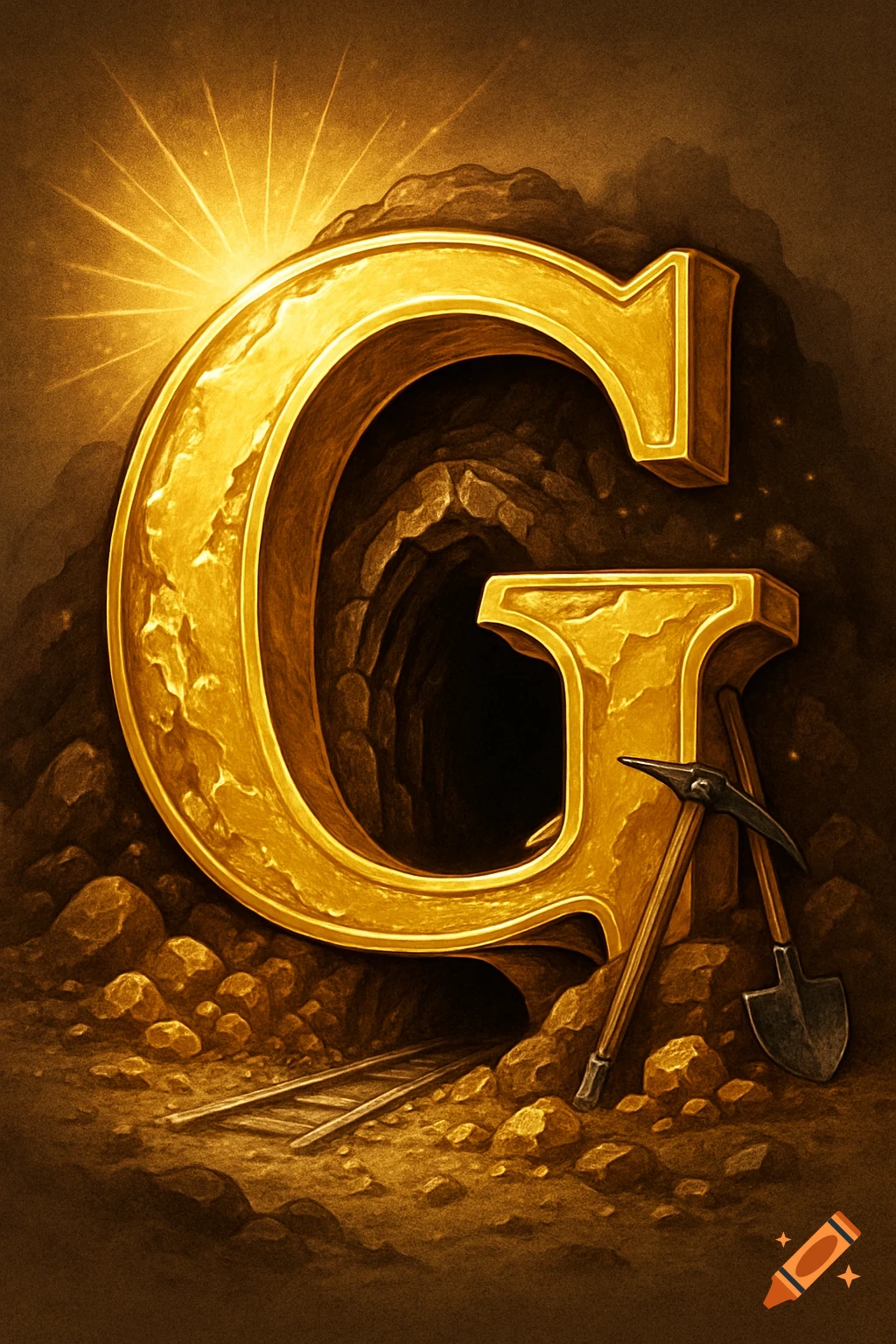 A stylized, glistening golden letter G forms the entrance to a dark gold mine, with mining tools and tracks at its base.