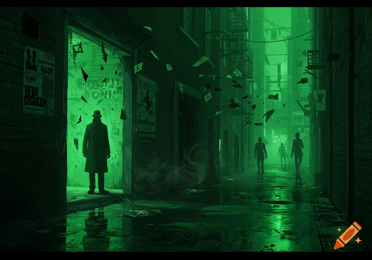 A shadowy figure in a trench coat stands in a dark, neon-green lit alley filled with posters and flying debris, with other figures in the distance.