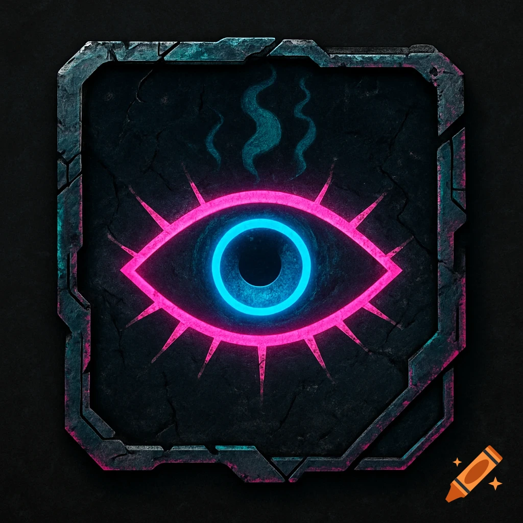 A stylized glowing pink and blue eye in a distressed, dark metallic frame with smoke patterns.