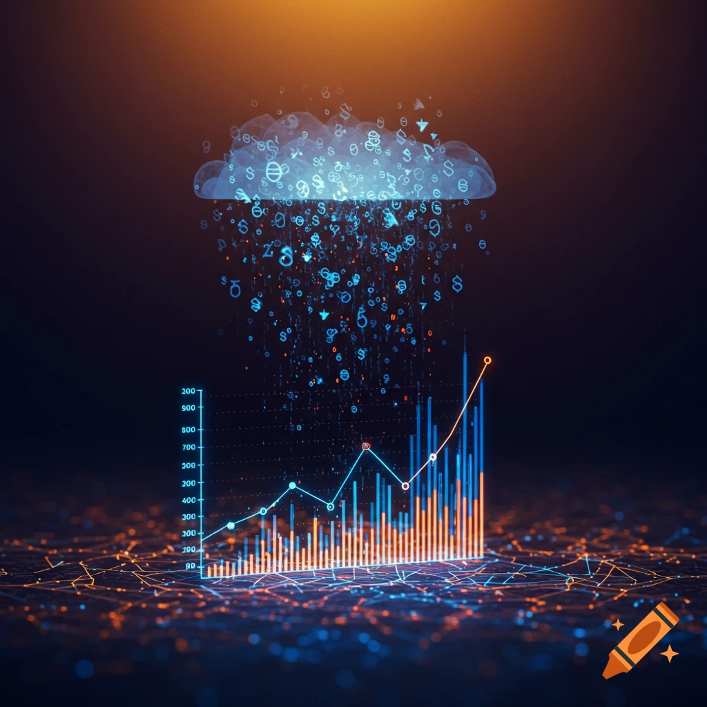 A glowing bar and line graph on a digital network with a cloud raining data symbols in a dark, futuristic setting.