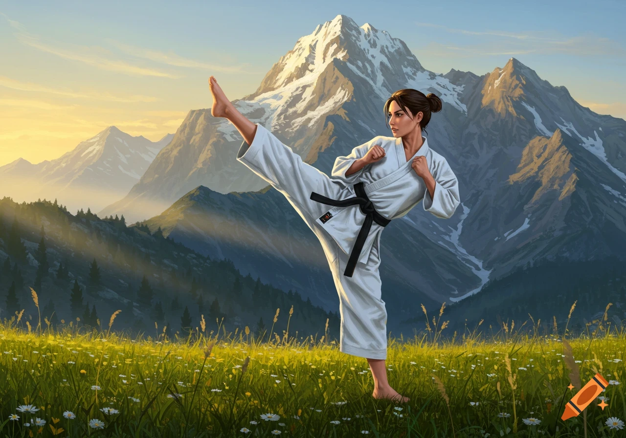 A woman in a white karate gi and black belt performs a high kick in a sunny mountain meadow with snow-capped peaks.