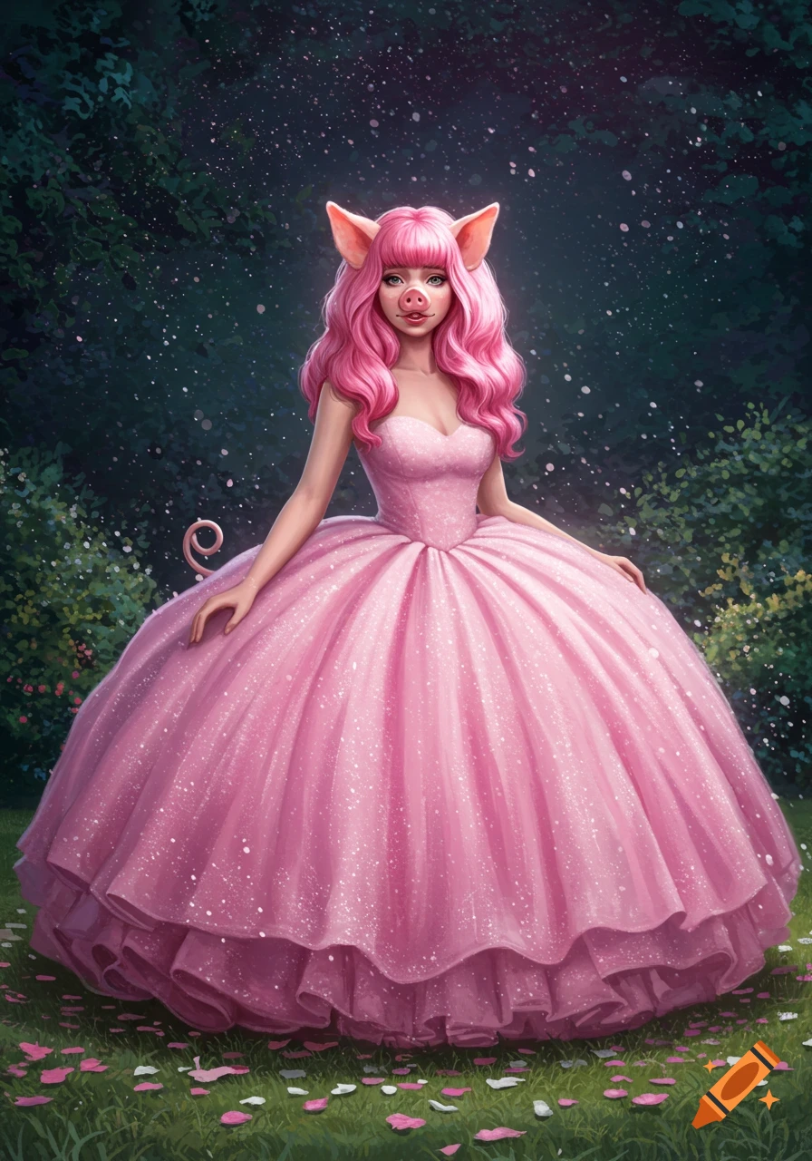 A fantasy illustration of a woman with pink hair, pig ears, and snout, wearing a glittery pink ball gown in a magical forest.