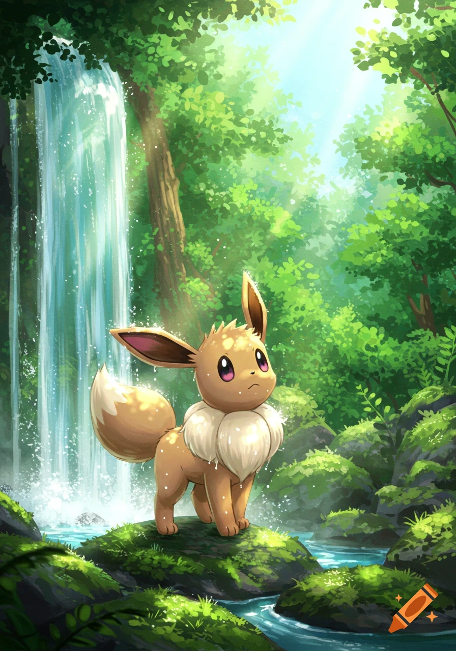 An Eevee stands on a mossy rock near a waterfall in a lush, green forest, illustrated in a vibrant anime style.