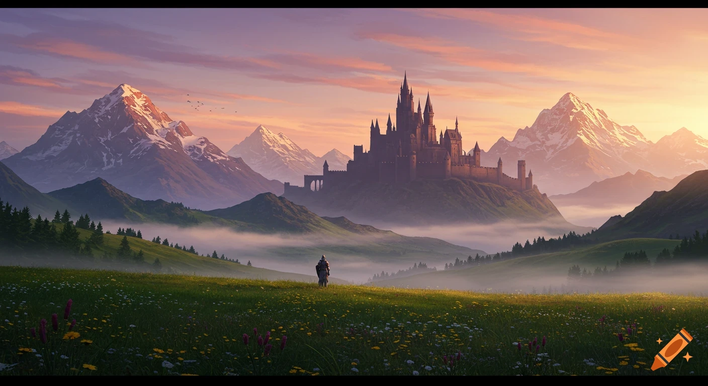 A knight stands in a flower-filled meadow, looking towards a grand castle nestled among mist-shrouded mountains at sunrise.