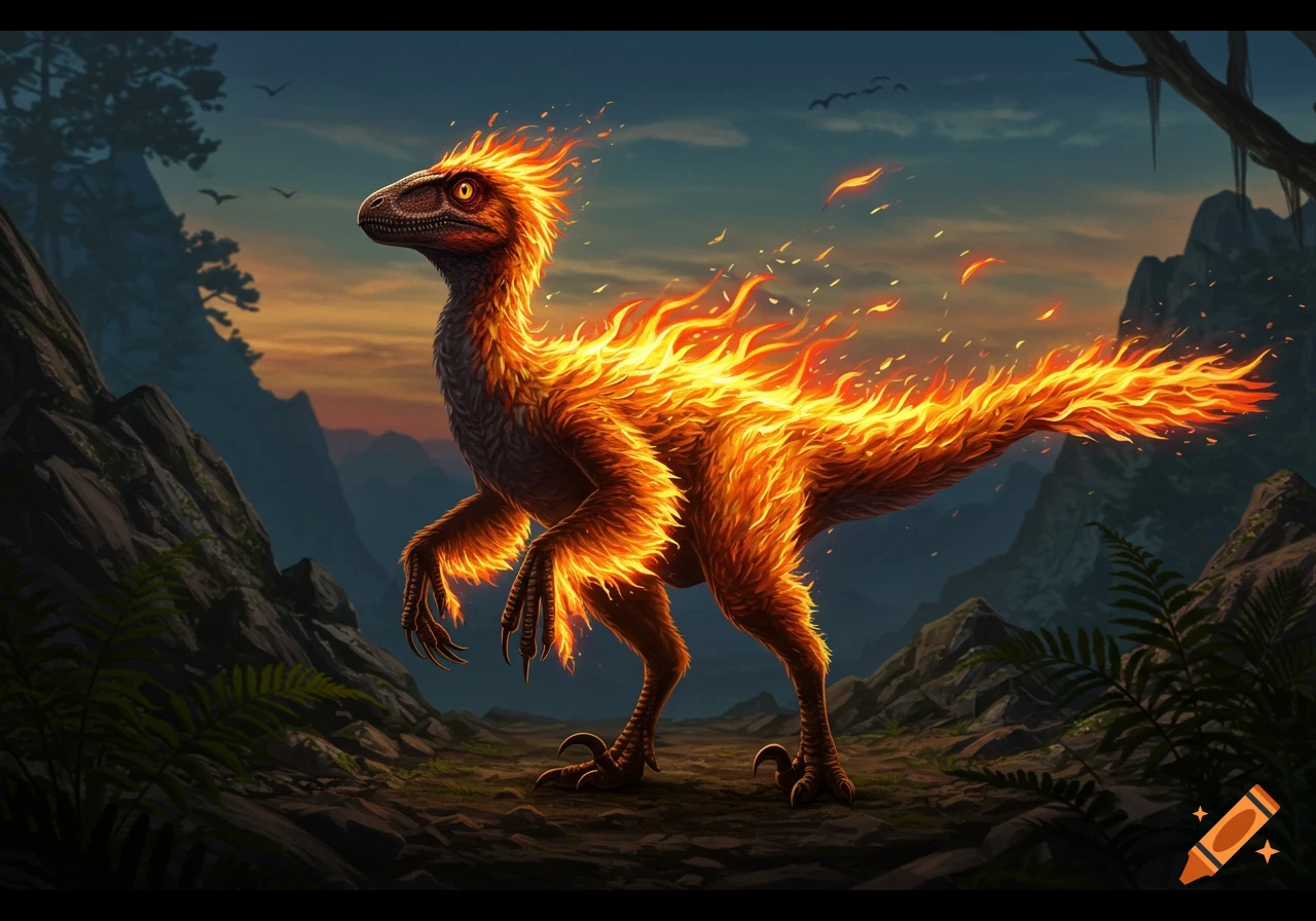 A vibrant illustration of a fiery raptor-like dinosaur with flames for feathers, standing in a prehistoric landscape at sunset.