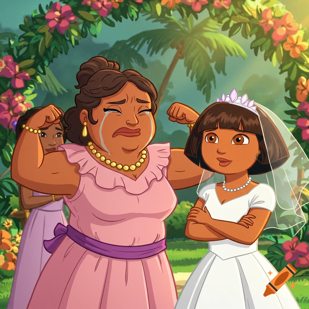 Dora the Explorer's Mami cries and flexes at Dora's tropical cartoon wedding.