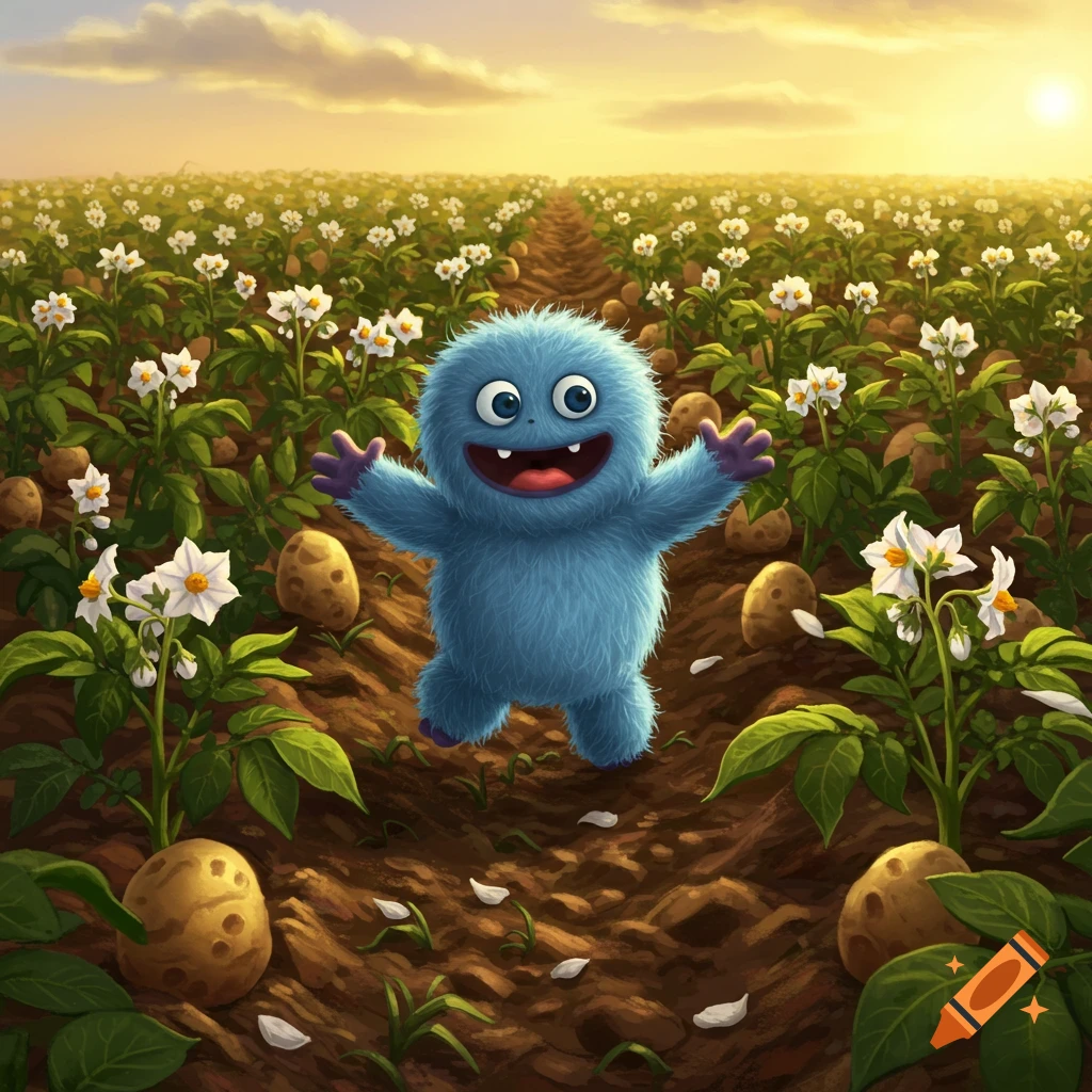 A cute, fluffy blue monster with a wide smile stands in a sunny potato field, surrounded by flowering plants.