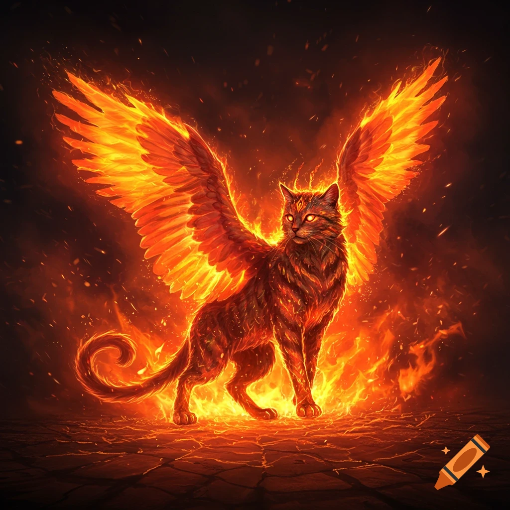 A magnificent cat with large, glowing fiery wings stands amidst swirling flames in a dark setting.