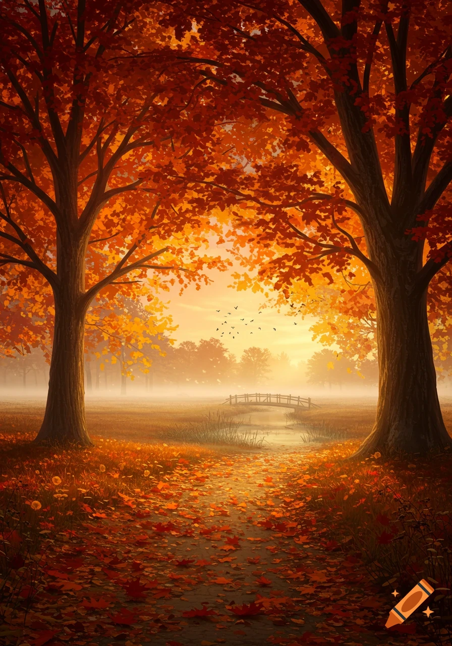 A vibrant autumn forest scene with a path of fallen orange leaves leading to a stream and bridge, flanked by large trees under a misty golden sky.