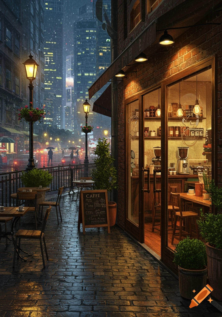 A charming coffee shop with outdoor seating on a wet, brick-paved sidewalk in a rainy city at night, with illuminated skyscrapers in the background.