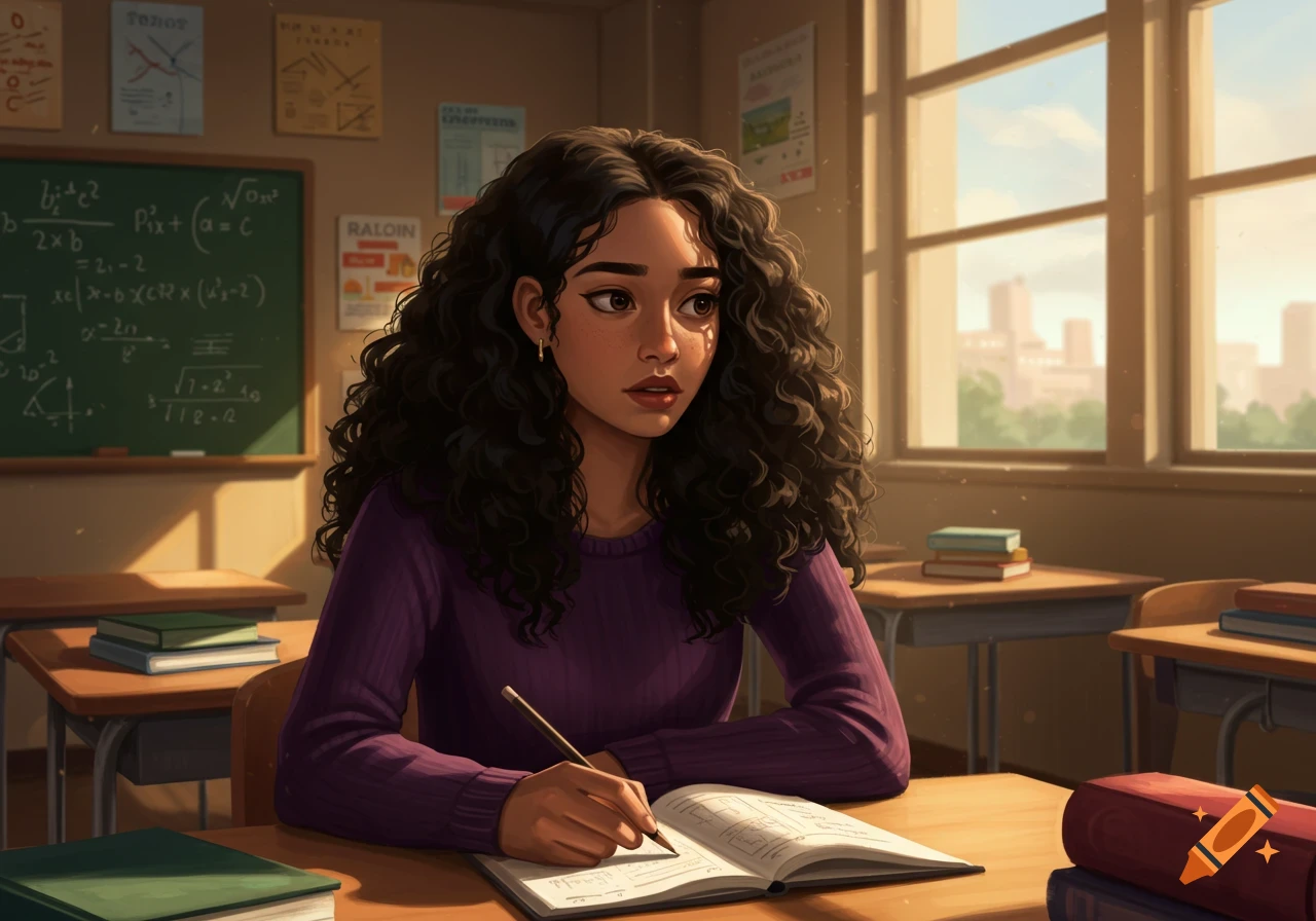 An illustration of a young woman with long curly hair wearing a purple top, writing in a notebook at a desk in a sunny classroom.