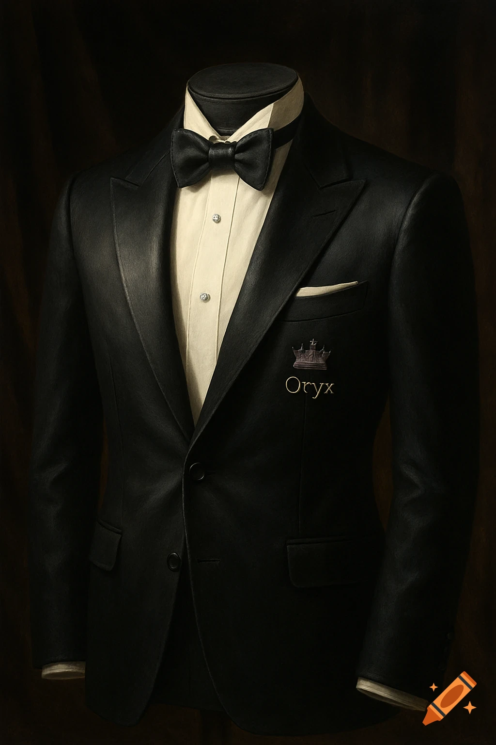 Classic black tuxedo on a mannequin with a white shirt, black bow tie, and an 'Oryx' crown logo on the lapel.