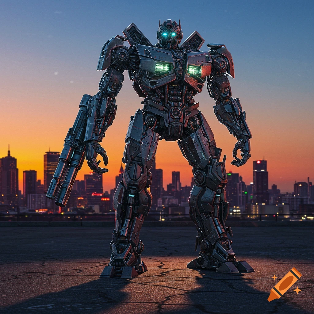 A large, detailed photorealistic robot with glowing blue eyes stands on a paved surface overlooking a city skyline at sunset.