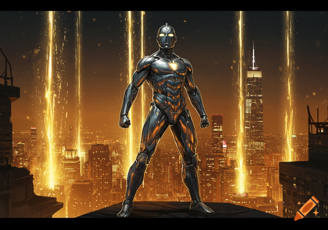A metallic superhero with glowing eyes and chest emblem stands on a rooftop, overlooking a golden-lit city at night with light beams.