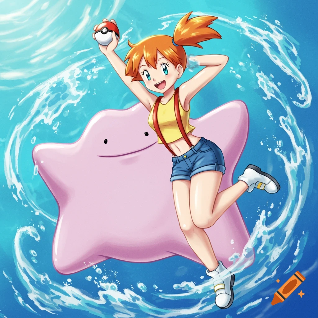 Misty from Pokemon, with orange hair and a yellow top, smiles while holding a Poke Ball, splashing in water with a pink Ditto behind her.