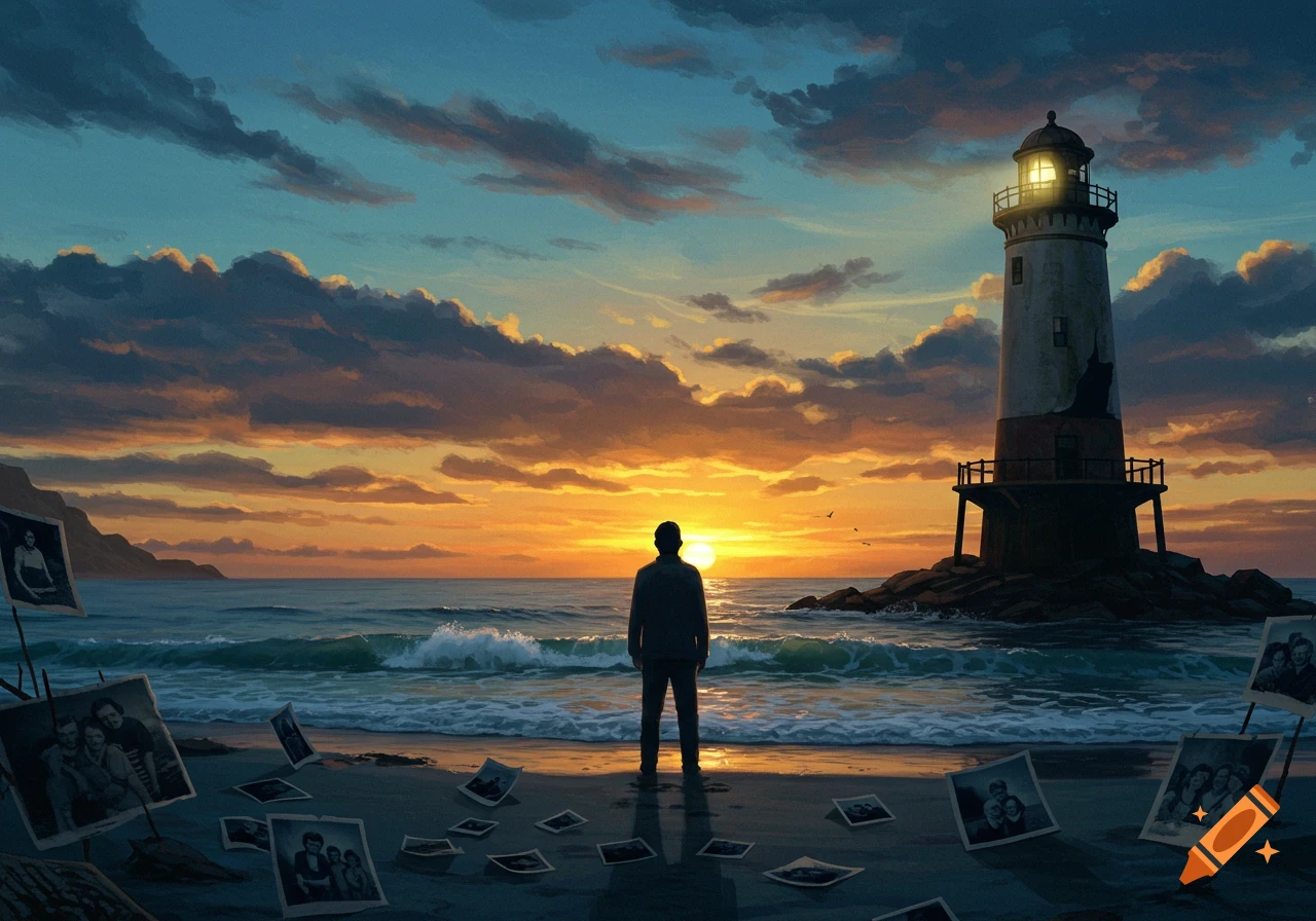 Digital painting of a man on a sunset beach with a lighthouse and scattered photos.