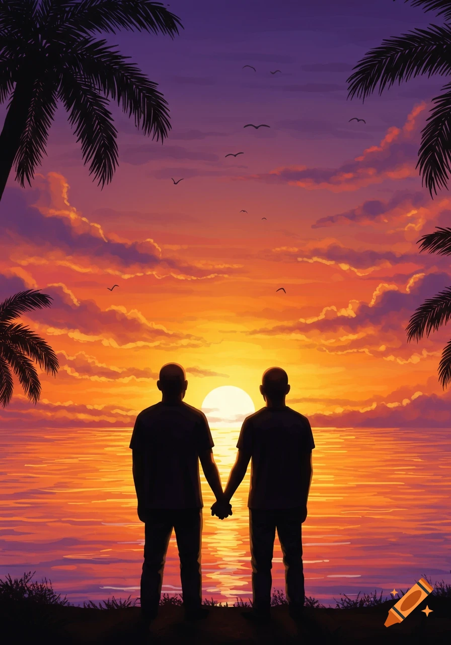 Two silhouetted men holding hands watching a vibrant orange and purple sunset over the ocean with palm trees.