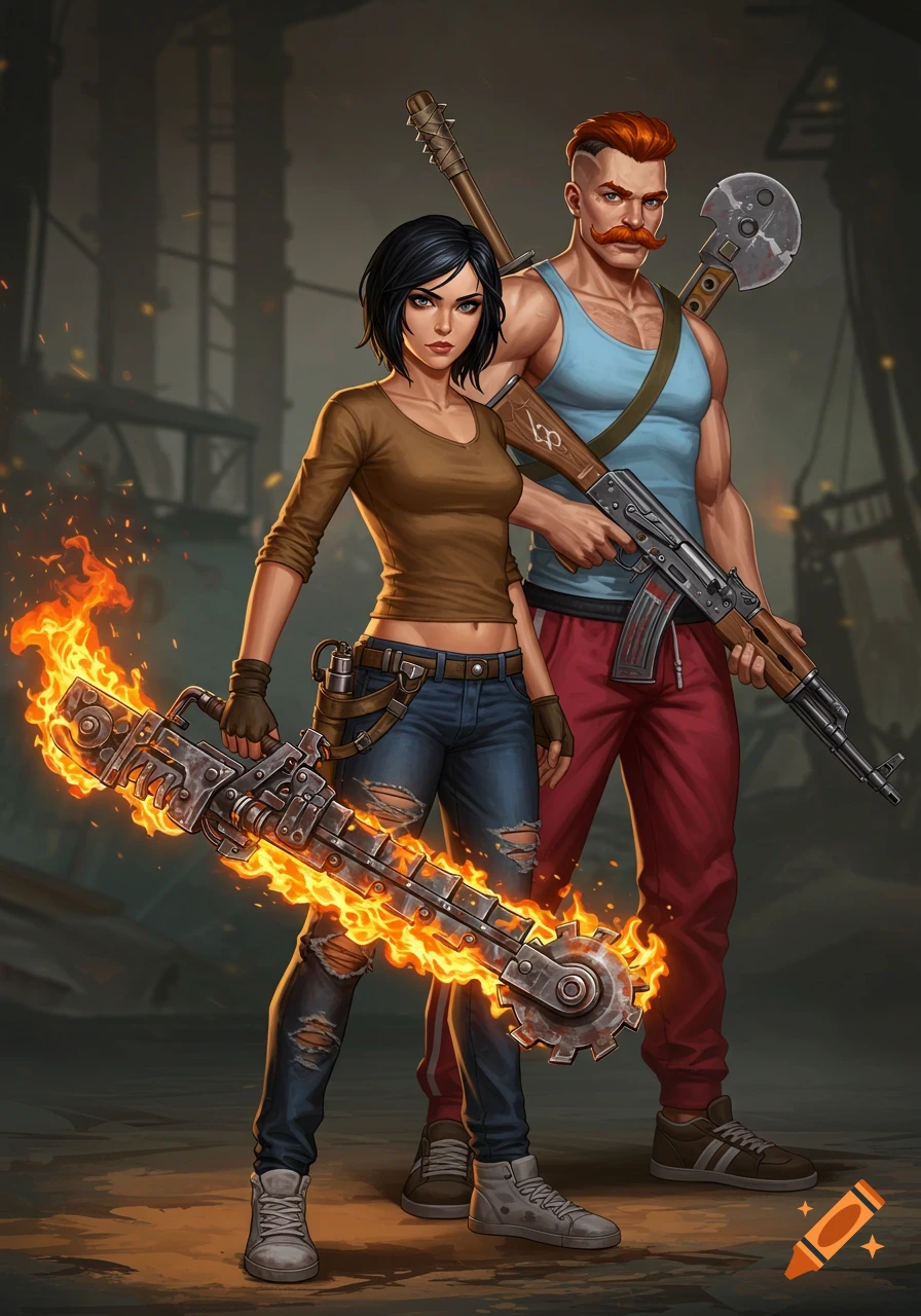 A female warrior with a flaming chainsaw-sword and a male warrior with an AK-47 stand ready in a gritty, stylized, post-apocalyptic setting.