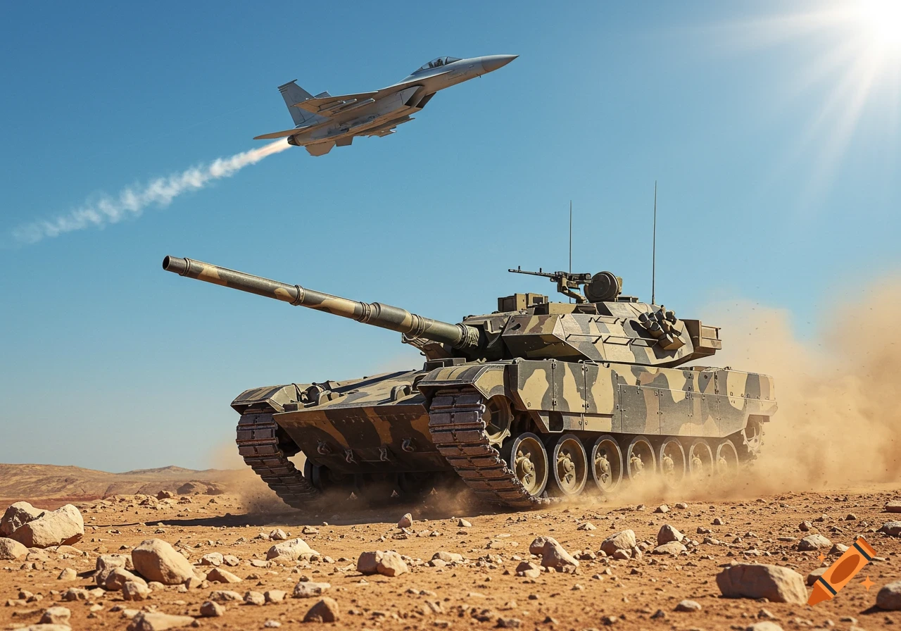 A photorealistic military tank drives through a dusty desert with a fighter jet flying high above.
