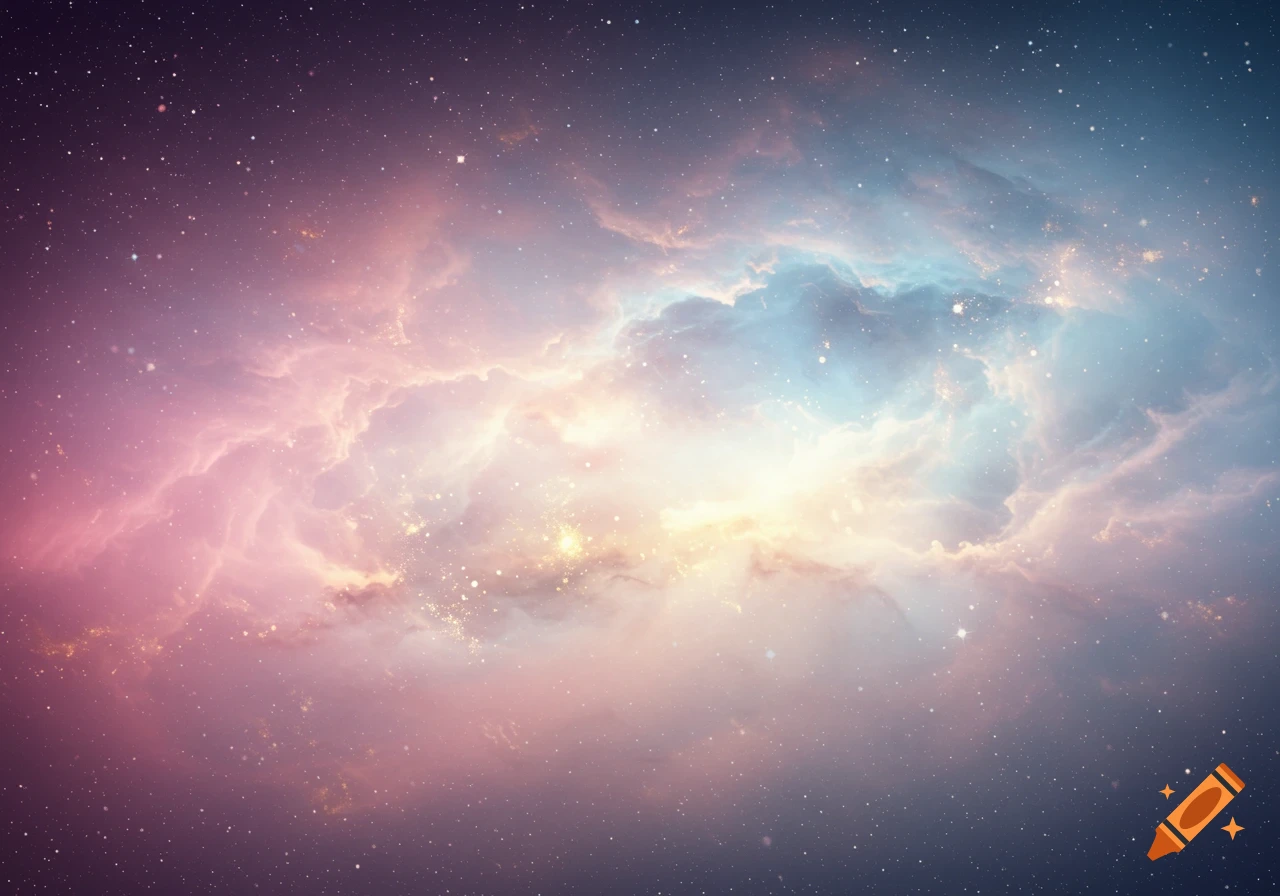 Soft glowing nebula with pastel pinks, blues, and golds, shimmering with stars in a cosmic scene.