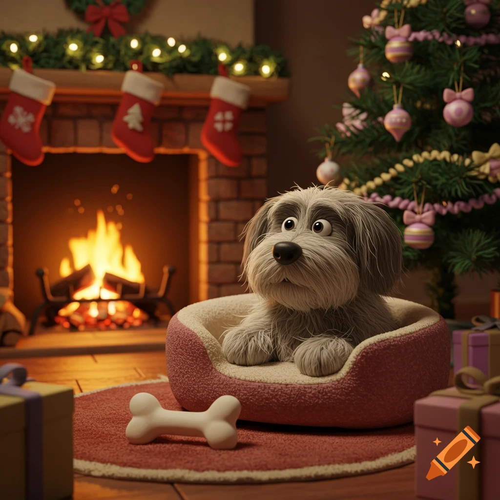 A shaggy gray puppy in a pink bed sits by a warm Christmas fireplace with stockings and a decorated tree. 3D illustration.
