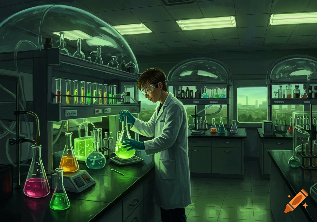 A scientist in a lab coat and goggles works with glowing beakers in a stylized science laboratory.