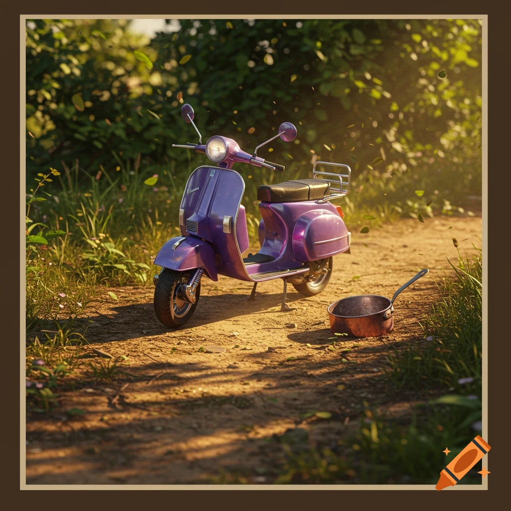 A vibrant purple scooter is parked on a sun-dappled dirt path, surrounded by green foliage, with a small pot lying nearby.