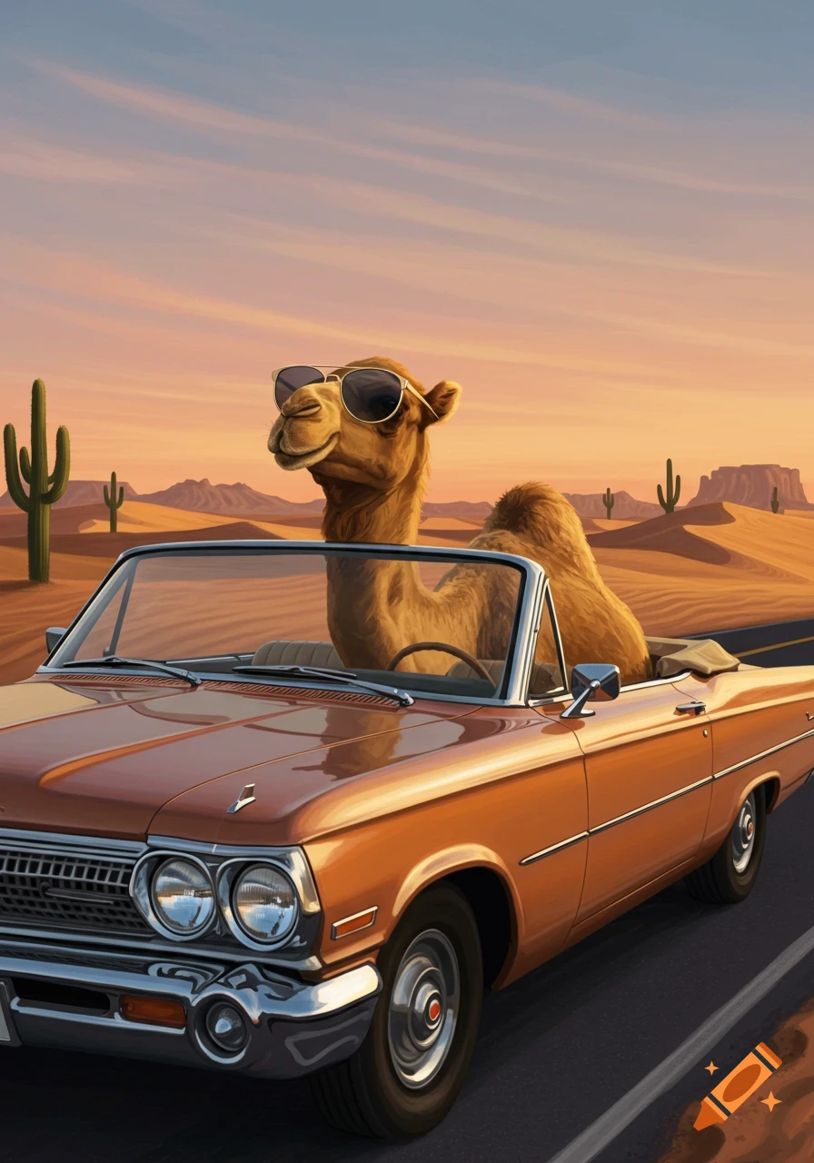 A cool camel wearing sunglasses drives a vintage orange convertible car through a desert landscape at sunset.