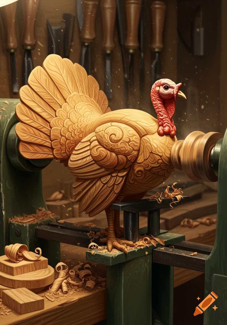 A detailed wooden turkey carving being worked on a wood lathe in a workshop, surrounded by wood shavings.