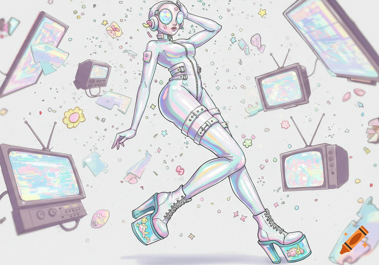 Anime style illustration of a futuristic model in a holographic white suit and fish-filled platform boots, surrounded by glitching TVs.