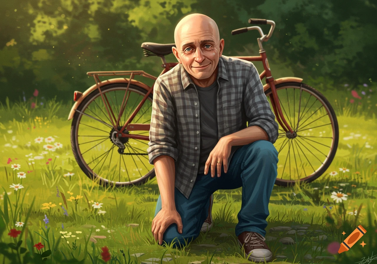 Illustrated bald man in plaid shirt and jeans crouching in a grassy field with a red bicycle behind him.