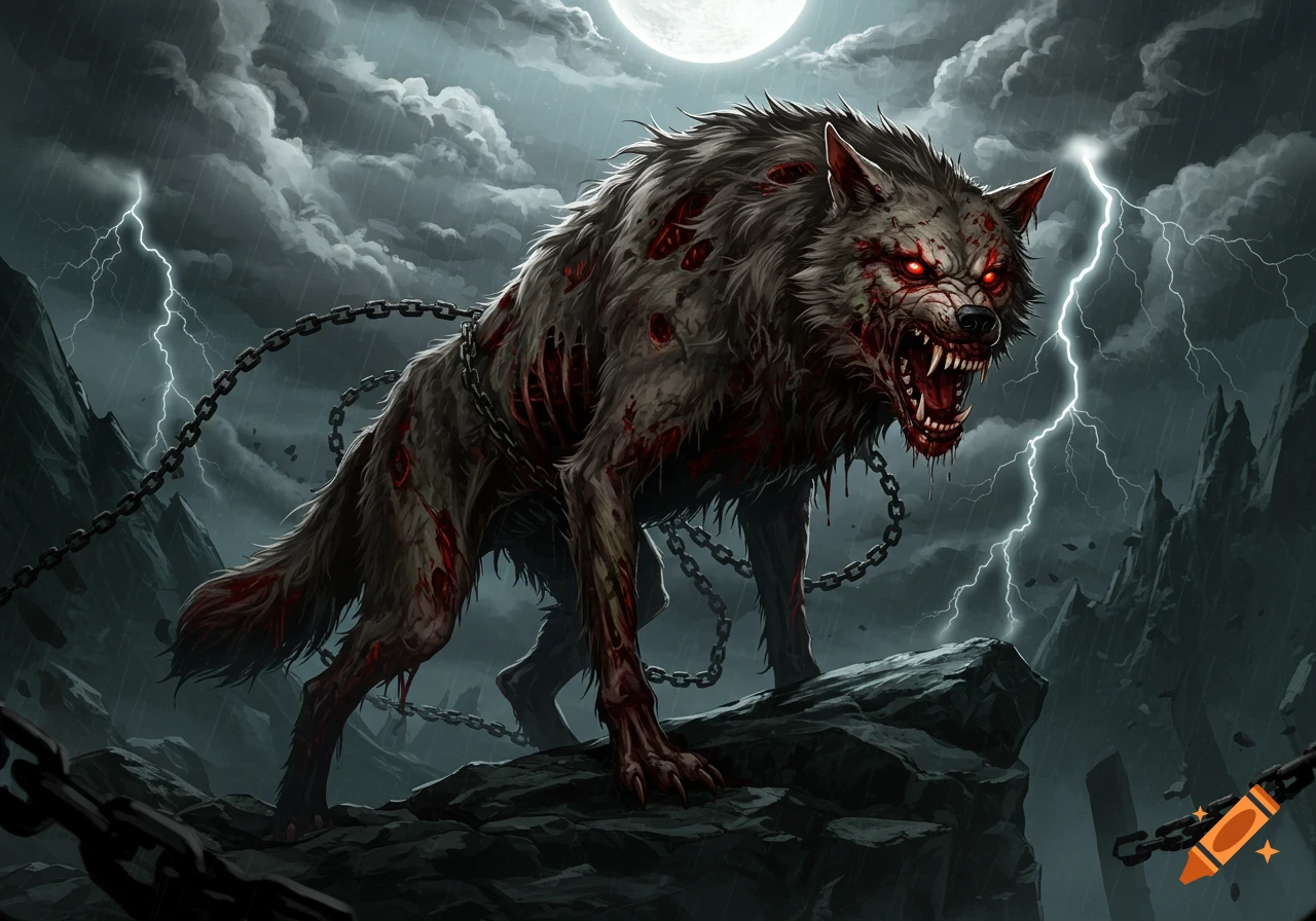 A stylized zombie wolf with glowing red eyes, exposed ribs, and bloodied fur, chained in a stormy, moonlit mountain landscape with lightning.