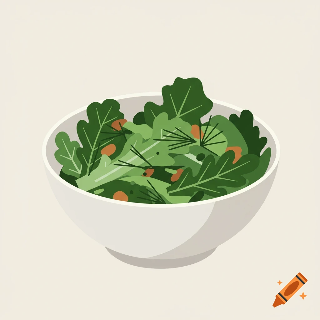 A minimalist illustration of a white bowl filled with green salad, featuring various leaves and stylized pine-like elements.