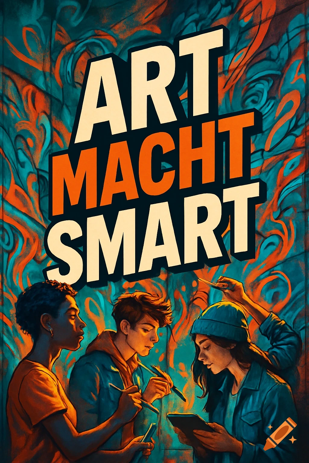 Three young artists, two holding paintbrushes and one looking at a tablet, stand before a vibrant, abstract background with the bold text 'ART MACHT SMART'.