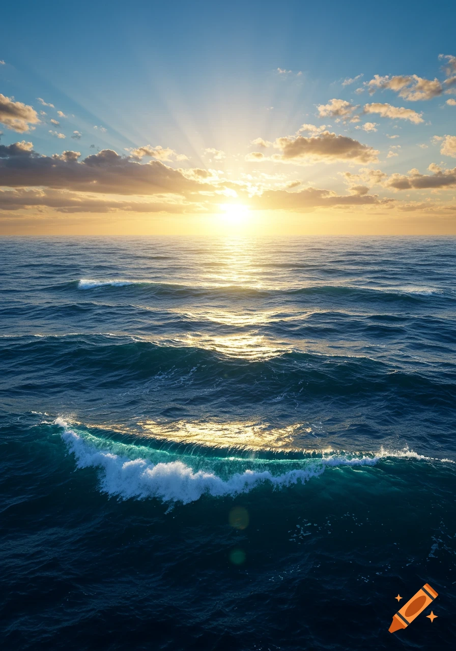 A photorealistic image of a vibrant sunset over a deep blue ocean with a breaking wave.