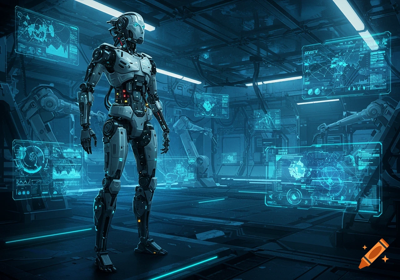 A sleek grey robot stands in a neon blue futuristic robotic lab with holographic data screens.