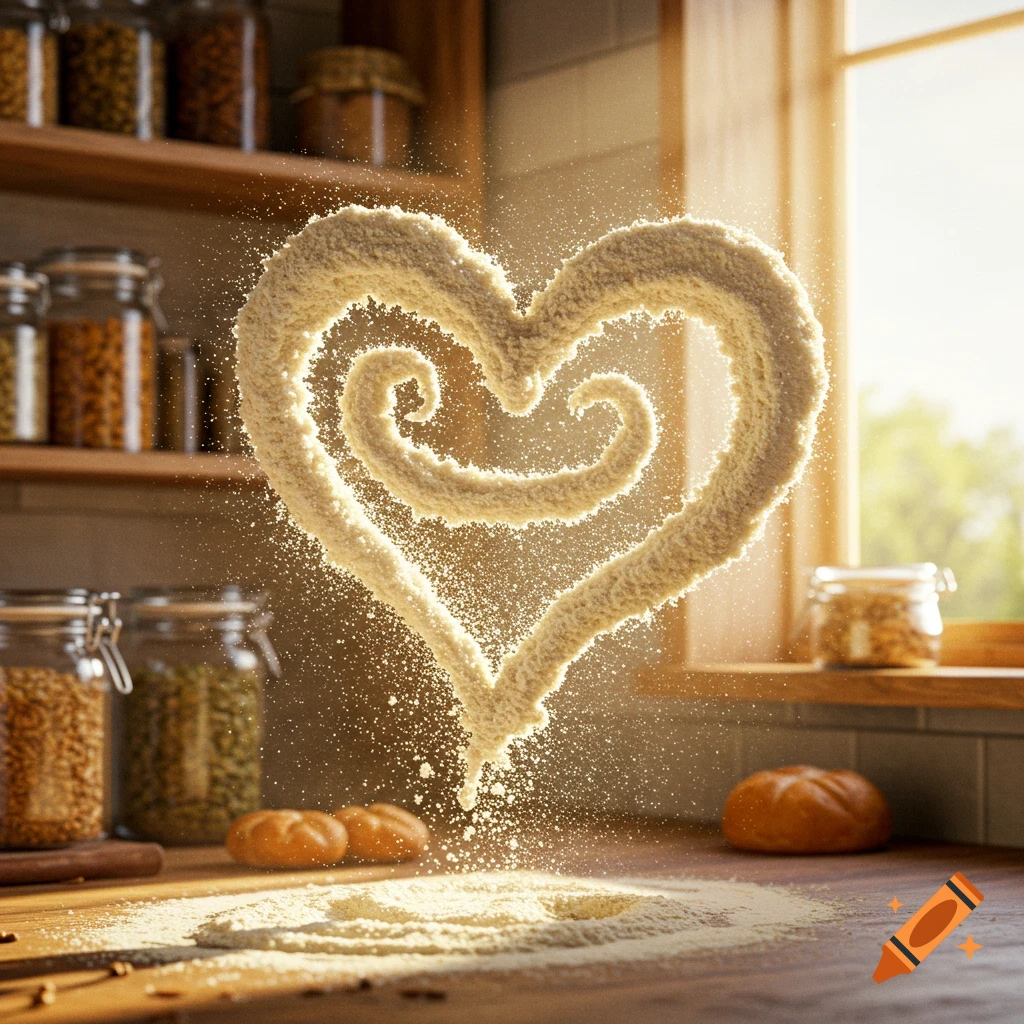 A photorealistic heart made of flour floats above a sunny kitchen counter with bread rolls.