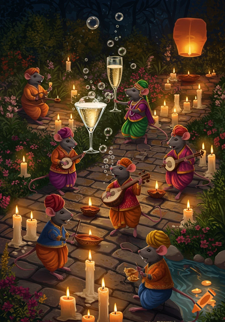 Illustrated anthropomorphic rats in traditional attire celebrate Diwali in a candle-lit garden, playing instruments and drinking champagne.