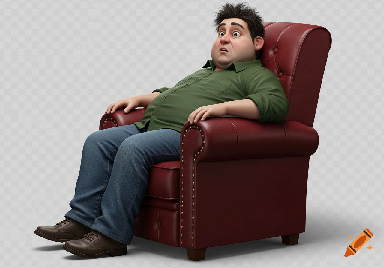 Realistic cartoon of a surprised, slightly overweight man in a green shirt and jeans, sitting in a red leather armchair.