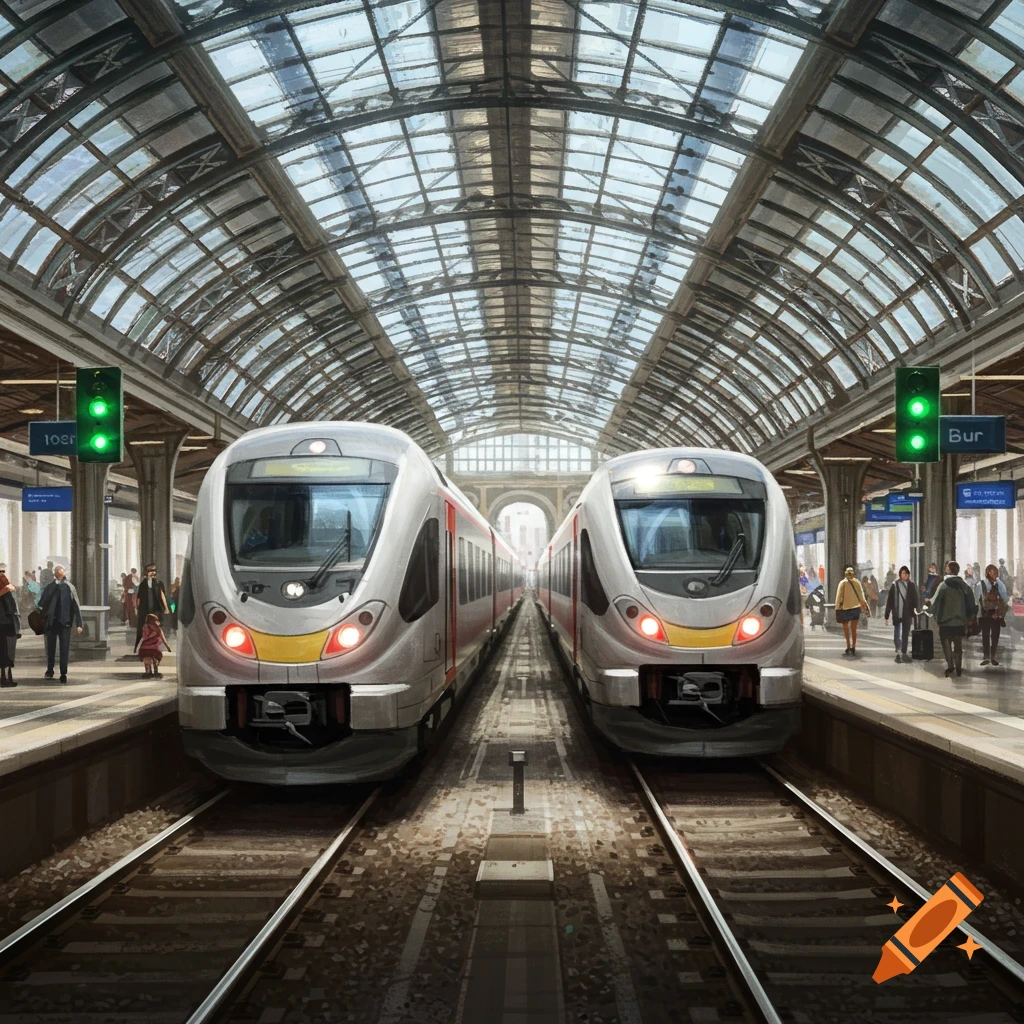 Two modern trains face each other at a busy station platform under a glass and steel roof. Green signal lights are visible.