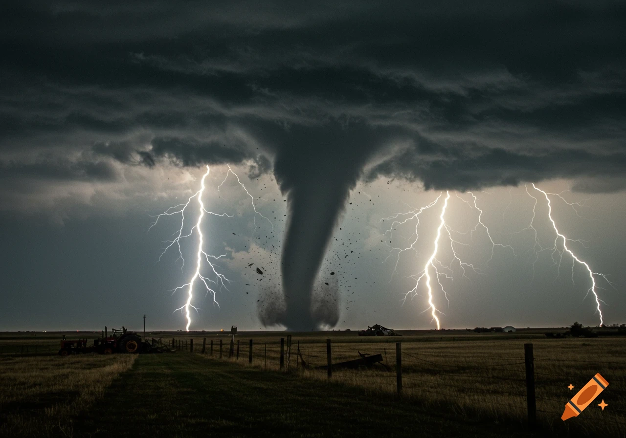 Photorealistic image of a powerful tornado and multiple lightning strikes in a dark, stormy countryside.