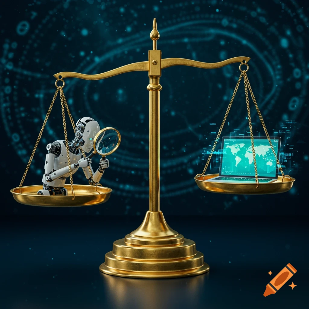 A robot with a magnifying glass on a scale balances a laptop with a world map, symbolizing AI, technology, and justice. Photorealistic.